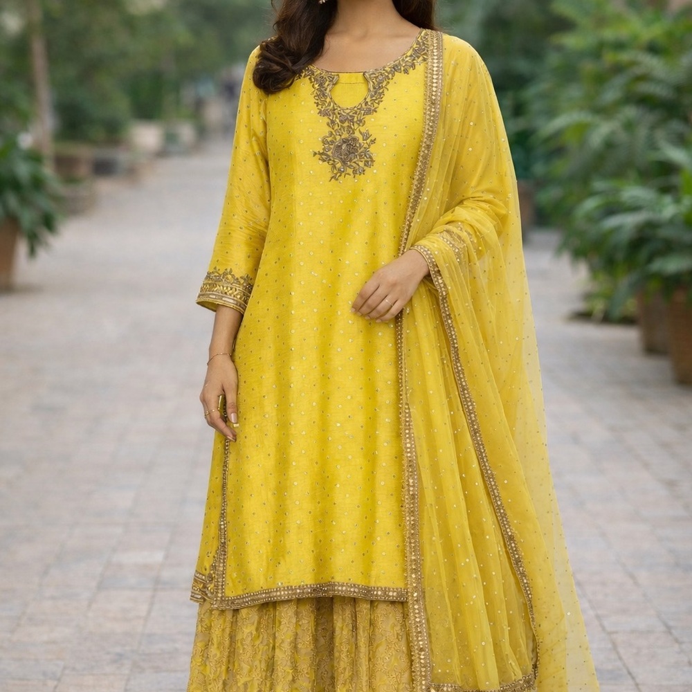 Pakistani Elegant Yellow Embroidered gharara Suit 3 piece